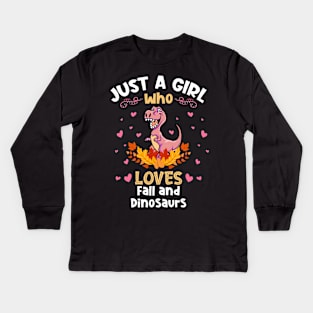 Just a Girl who Loves Fall Dinosaur Kids Long Sleeve T-Shirt